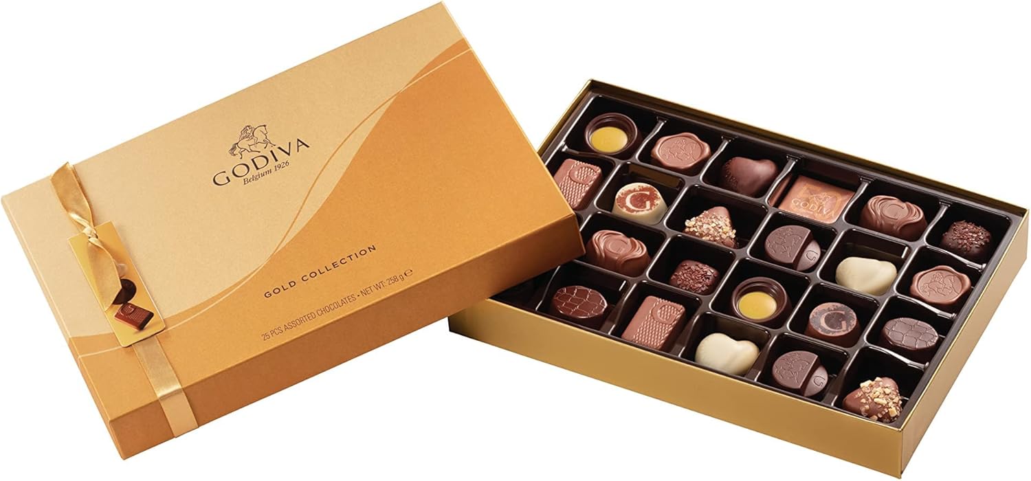 Godiva Gold Rigid Box 25pcs - Signature Milk, Dark and White Chocolate Filled with Ganache, Luscious Caramel, Smooth Pralines and Other Delectable Fillings - Tied With a Gold Ribbon - 255 Gr