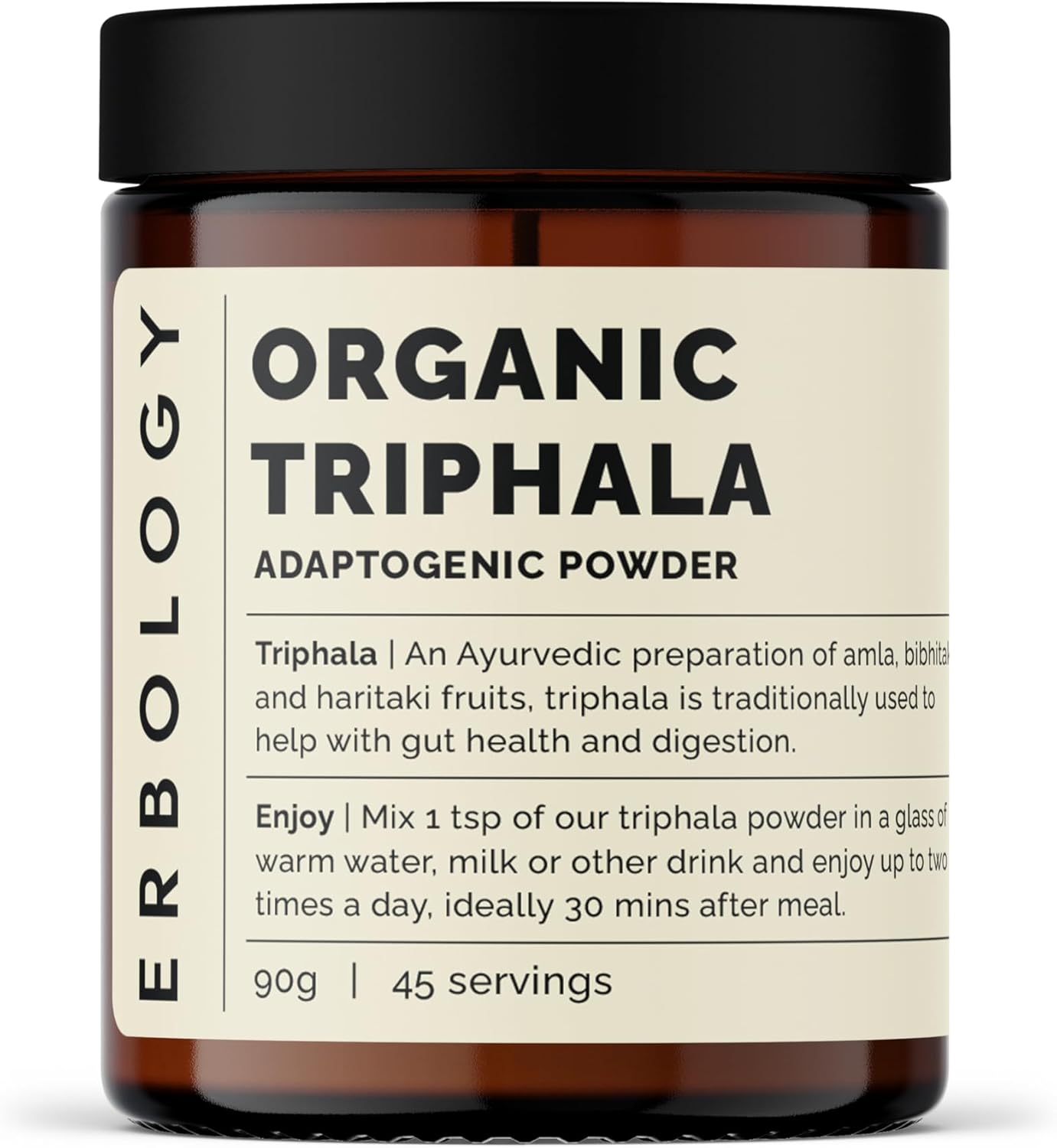 Erbology Organic Triphala Powder 90g - 45 Servings - Ayurvedic Blend of Amla, Haritaki and Bibhitaki - Gut Health - Sustainably Sourced Straight from Farm in India - Small Batch - Recyclable Glass Jar