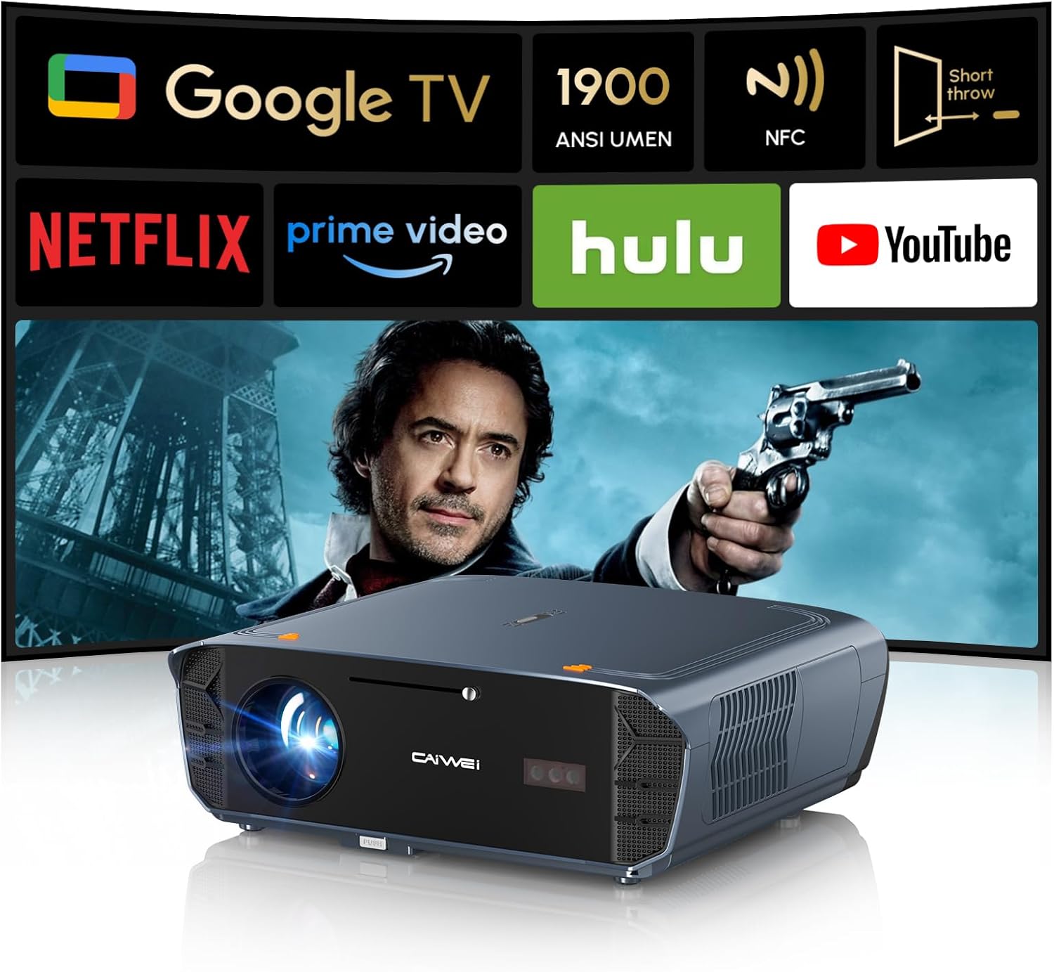 4K Projector with 2025 Google TV 【Netflix Certified & Tof+CMOS Auto Focus】1900 ANSI Daytime Smart Projector Wireless NFC, WiFi6, Bluetooth,HDR10+,Dolby Audio,for Home Cinema/Outdoor Movies