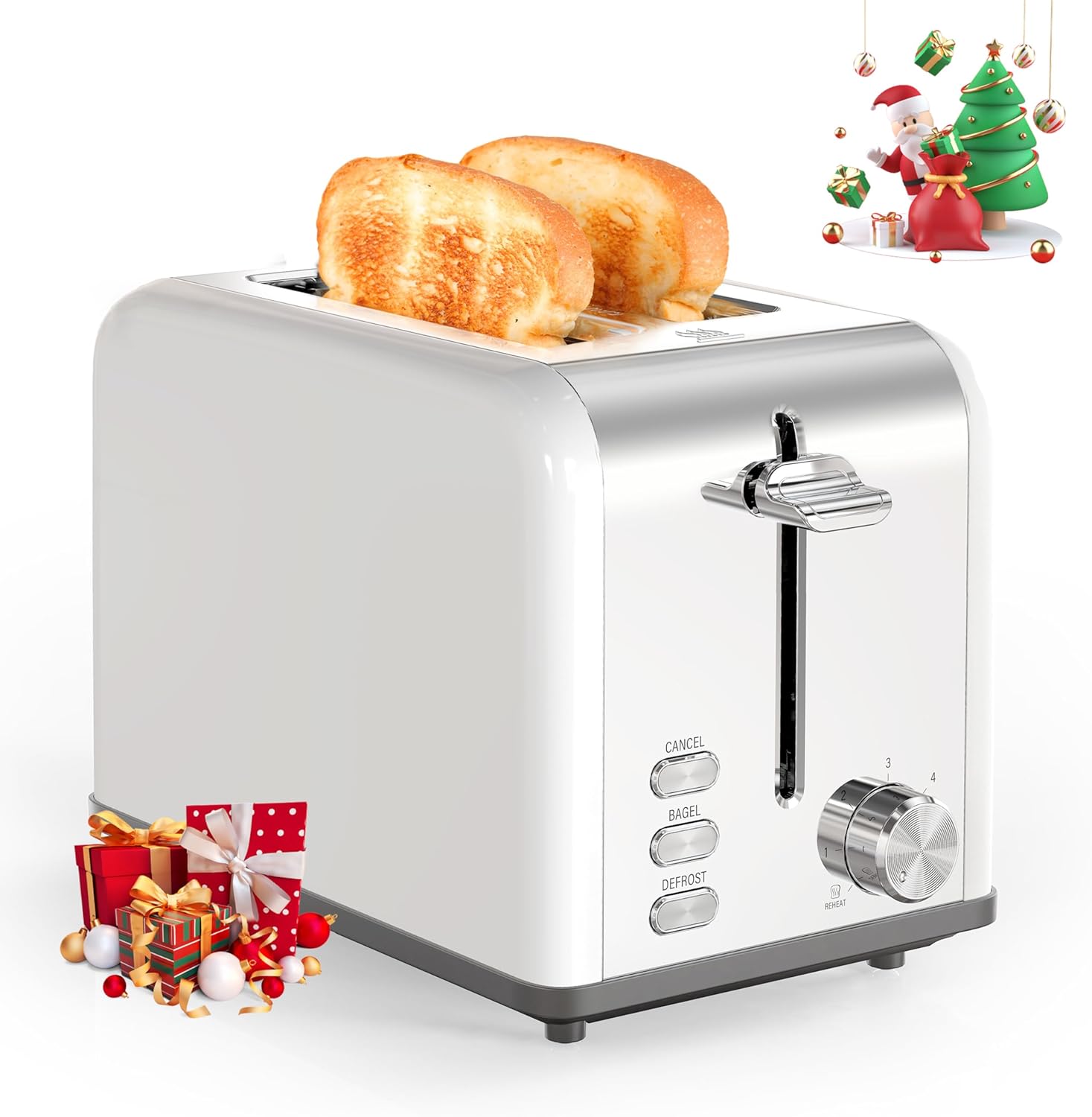 YSSOA Stainless Steel Toaster 2 Slice with Extra Wide Slot & Removable Crumb Tray, 6 Shade Settings and Bagel/Defrost/Cancel Functions, Compact Oven, for Various Bread & Waffle, White New