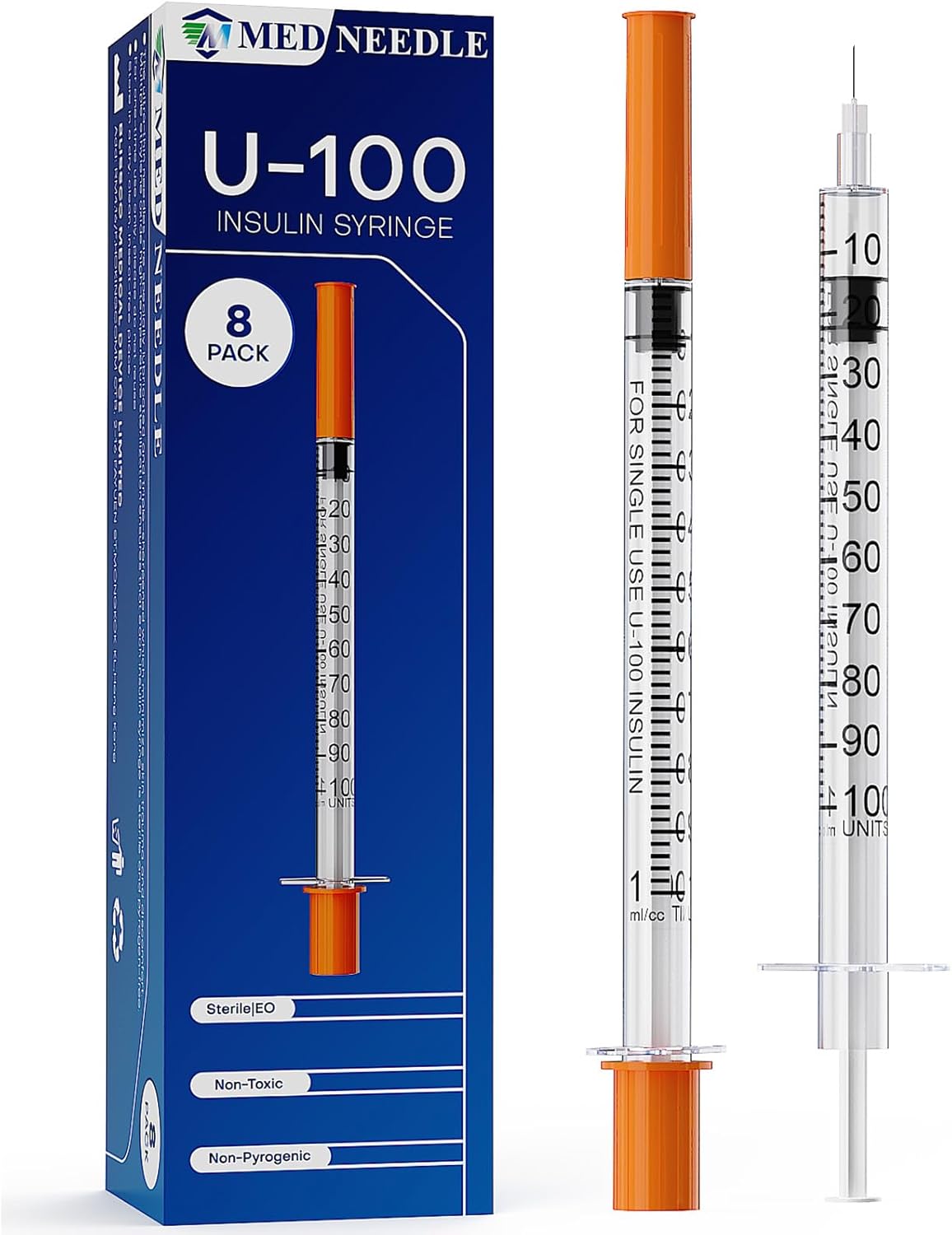 8 Pcs Insulin Syringe U-100 | 1ml/cc with 30G 1/4''(6mm) Needle, Individual Packaging