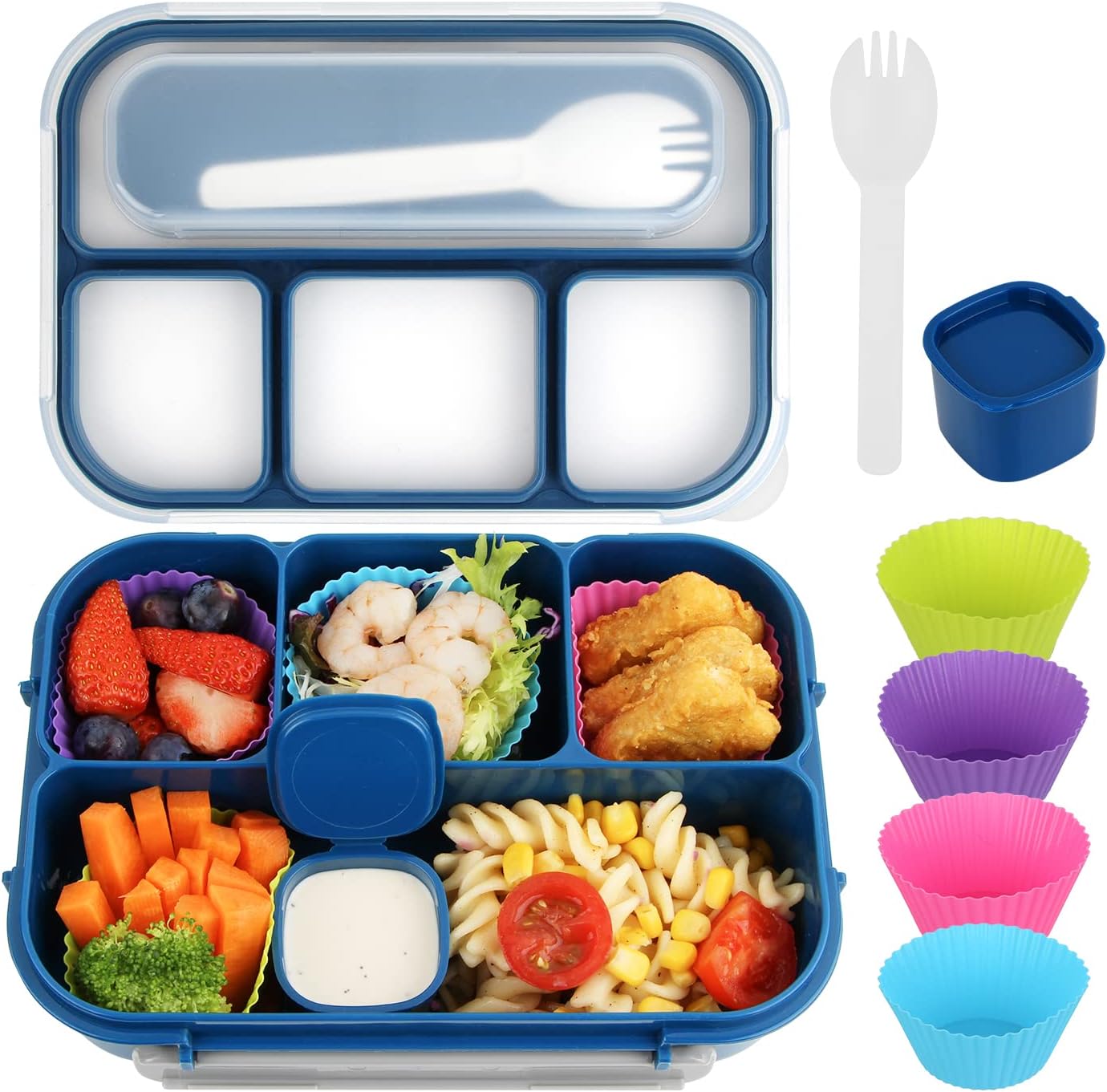 MaMix Bento Box for Kids, Lunch Box Kids, Lunch Containers for Adults,4 Compartment Leak-Proof with Sauce Snack Pot Cutlery (Blue)