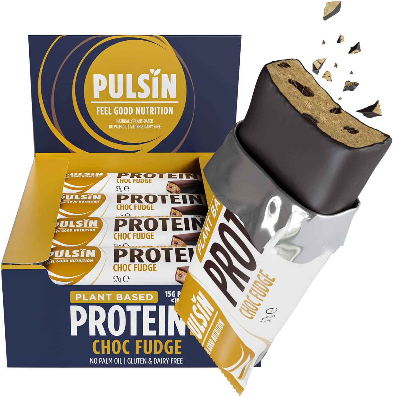 Pulsin - Choc Fudge Vegan Protein Bars - 12 x 57g - 14.8g Protein, 13.9g Fibre, 227 Kcal Per Serving - Gluten Free, Plant Based, Palm Oil Free & Dairy Free Snack Bar