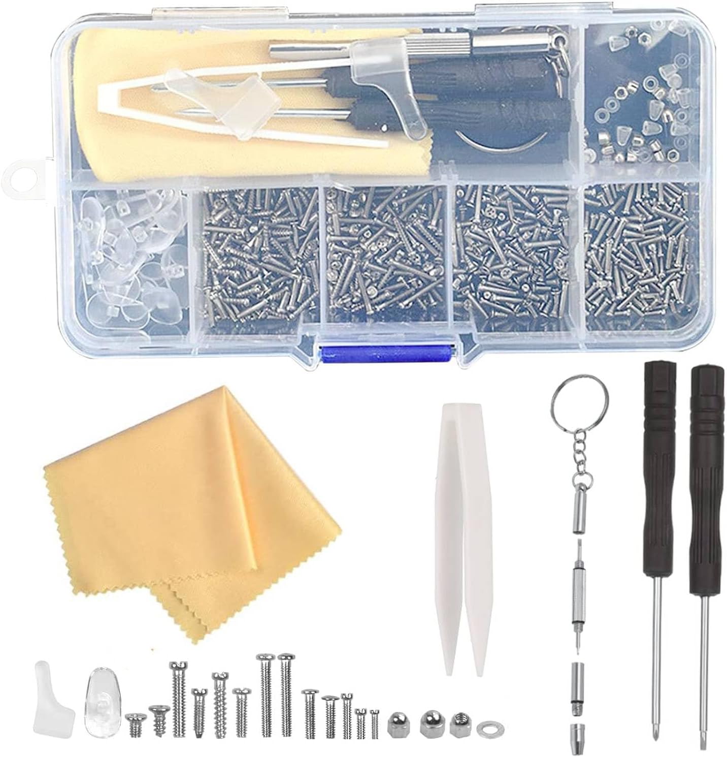 500 PCS Eyeglass Repair Tool Set, Glasses Repair Kit with Screws, Screwdrivers, Tweezers, Nose Pads - Durable and Versatile Eyeglass Repair Kit for Sunglasses and Reading Glasses, Compact Storage Case