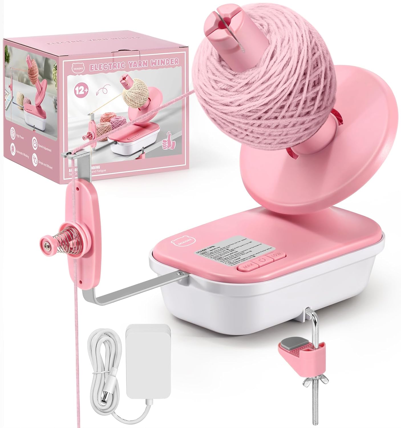MIAOKE Electric Yarn Winder,High Speed Yarn Ball Winder Three Gears Adjustable 4-10oz Large Automatic Winder for Crocheting Convenient and Easy Use, Good Helper for Knitting Enthusiast-Pink