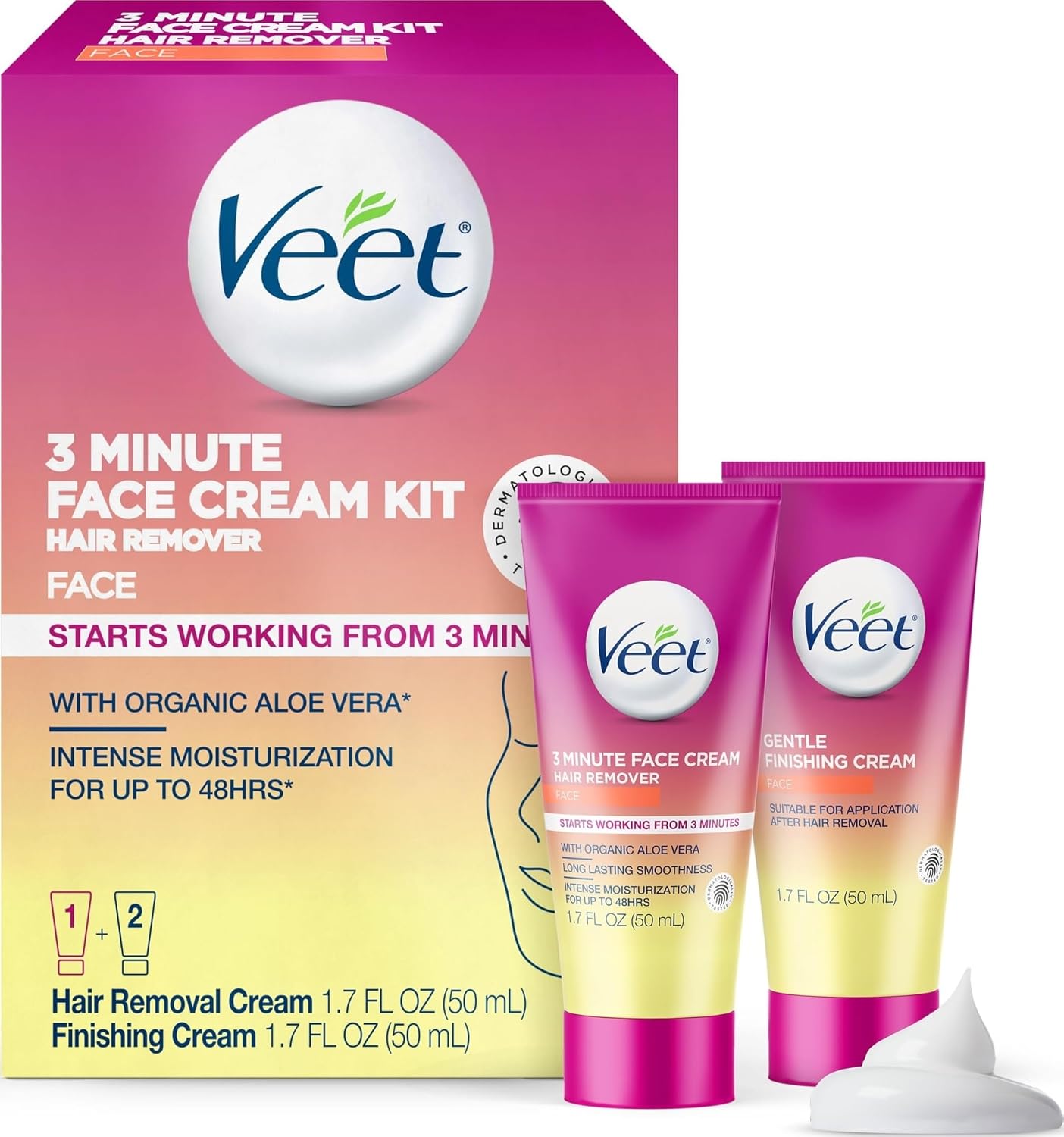 Veet 3 Minute Facial Hair Removal Cream for Women, Depilatory Cream with Organic Aloe Vera, 2 Piece Women's Facial Hair Remover Kit, 1.7 Fl Oz Remover + 1.7 Fl Oz Finishing