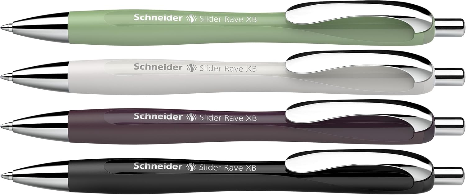 Schneider Slider Rave XB 132684 Ballpoint Pen (Limited Special Edition, 1x Organic Green, Silver Grey, Plum, Black, Made in Germany) Pack of 4, Ink Colour: Blue
