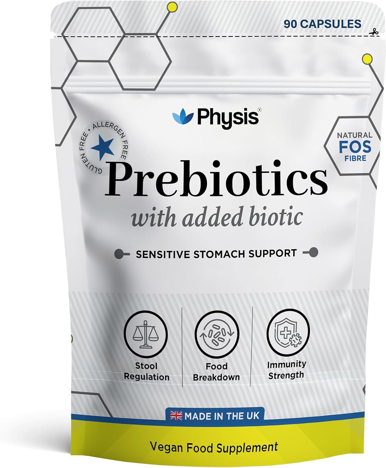 Physis Prebiotics with Probiotics | Gut Health & Digestion | Diarrhoea & Constipation Relief | 90 Vegan Capsules | 3 Month Supply | FOS Fibre Supplement | Lactobacillus Acidophilus