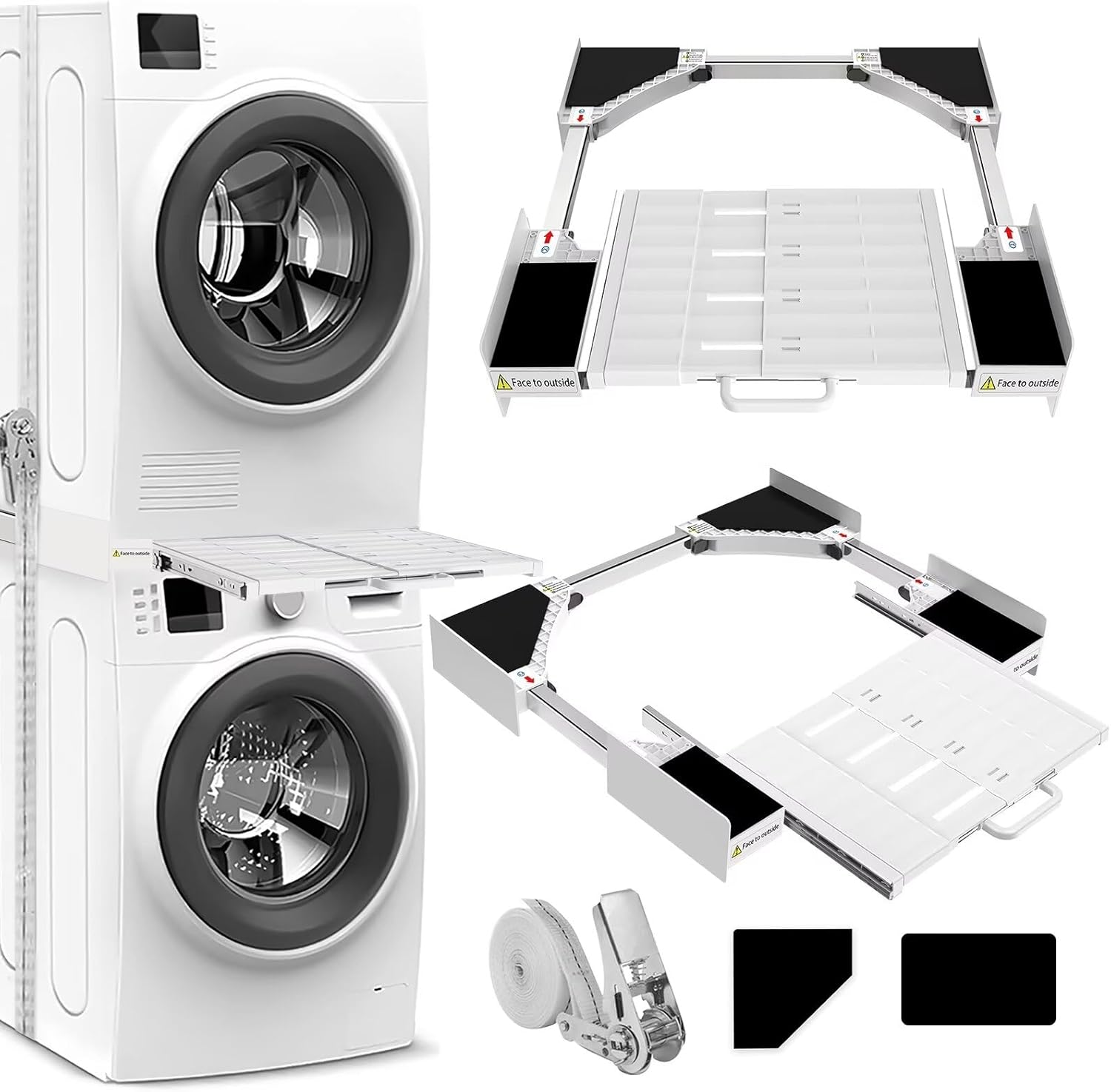 NIUXX Washing Machine Stacking Kits with Shelf, Universal Stacking Kit with Sliding Shelf, Adjustable Stacking Shelf for 53-68 cm Tumble Washer and Dryer, with Ratchet Rope and Detachable Shelf Board