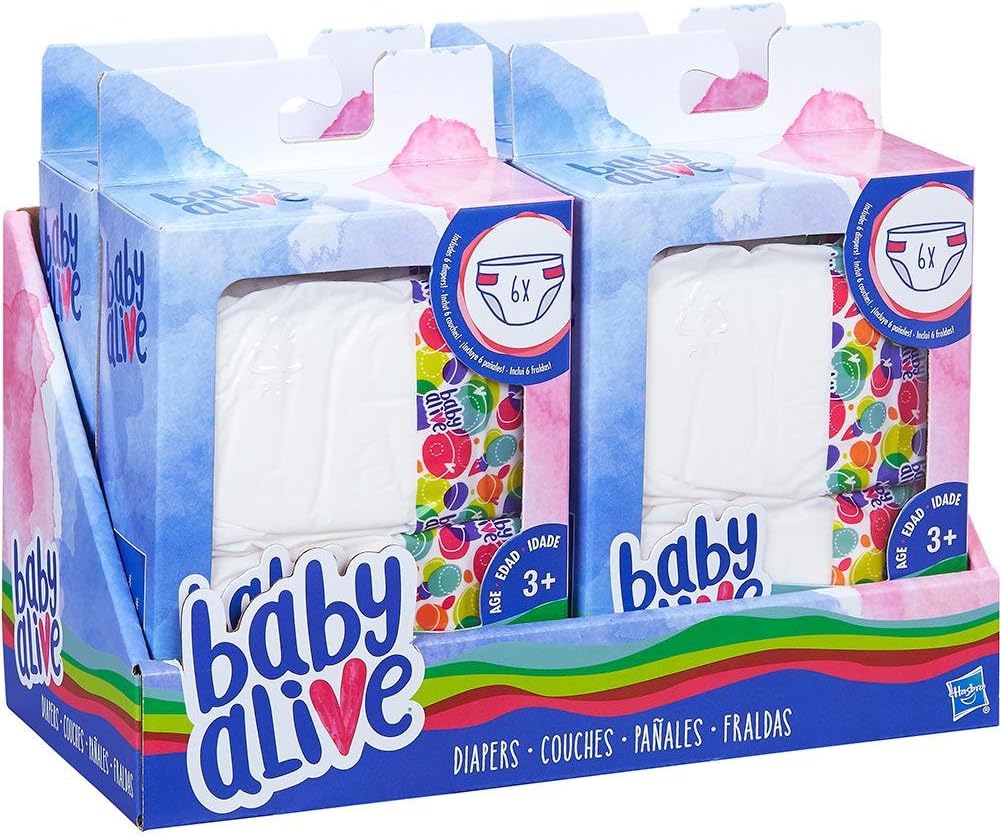 Baby Alive Toy Doll - Diapers Nappy Pack- Includes 6 Drink and Wet Nappies - Super Snacks