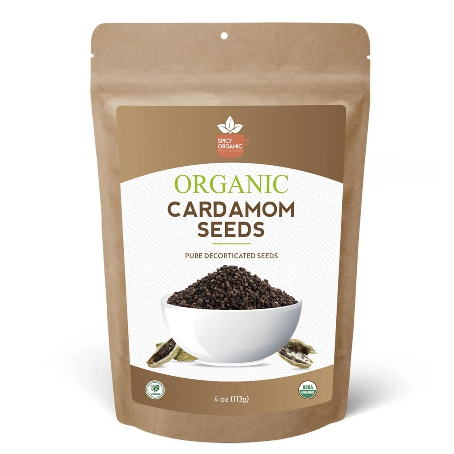 SPICY ORGANIC Premium Decorticated Organic Cardamom Seeds – 100% USDA Organic - Perfect for enhancing the taste of a variety of dishes such as baked goods, beverages, curry blends, and meat dishes- 4 Oz.