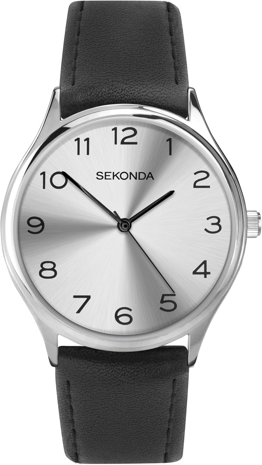 Sekonda Mens Classic Analogue Quartz Watch with Silver Dial and Black Leather Strap 1851