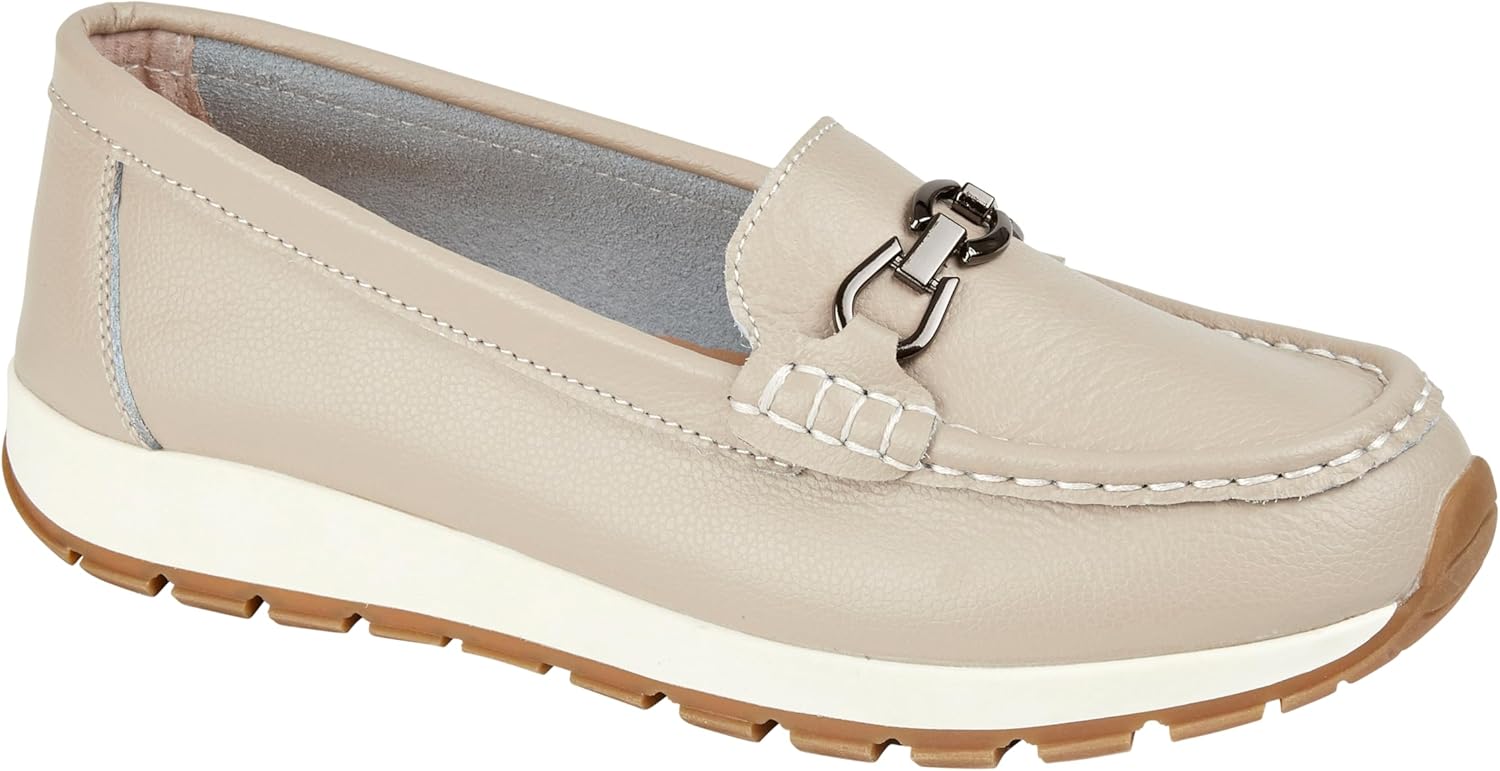 Jo & Joe Ladies Casual Slip-On Smooth Leather Comfort Sporty Wedge Loafer with Chain Trim Sizes 4-8