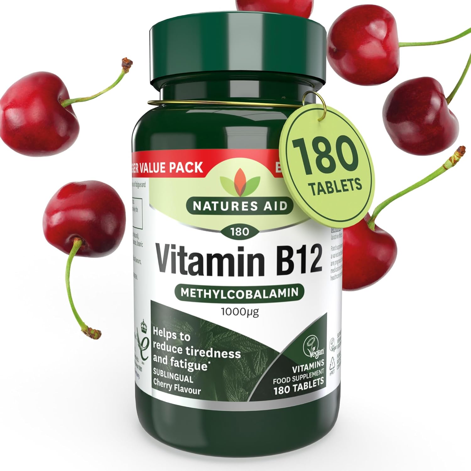 Natures Aid Vitamin B12 1000µg – High Strength Methylcobalamin Supplement – Supports Energy & Reduces Tiredness – Vegan, Vegetarian, Gluten Free – Not Gummies or Capsules – 180 Tablets