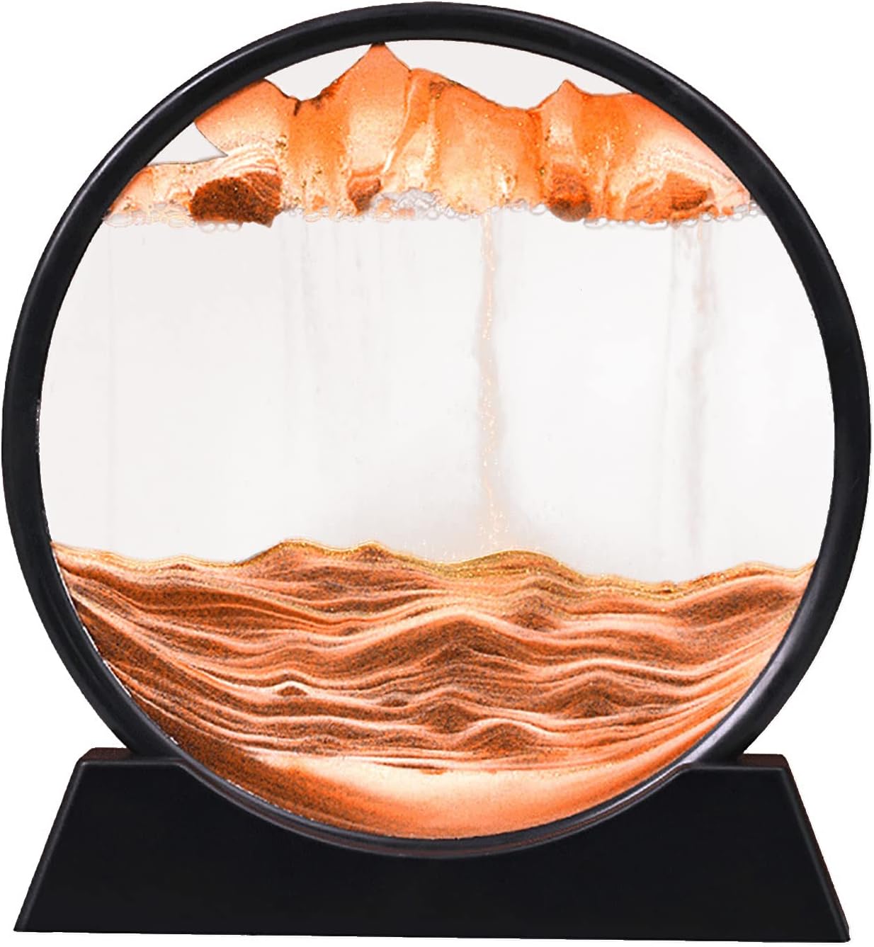 Moving Sand Art Picture, Flowing Sand Painting Liquid Motion Decoration, Round Glass 3D Hourglass Deep Sea Sandscape Display Relaxing Decoration for Desktop Home Office Work, 7 Inch (Yellow)