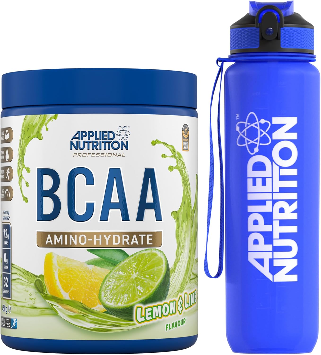 Applied Nutrition Bundle: BCAA Powder 450g + Lifestyle Water Bottle 1000ml | Branched Chain Amino Acids BCAAs Supplement, Intra Workout & Recovery (450g - 32 Servings) (Lemon & Lime)
