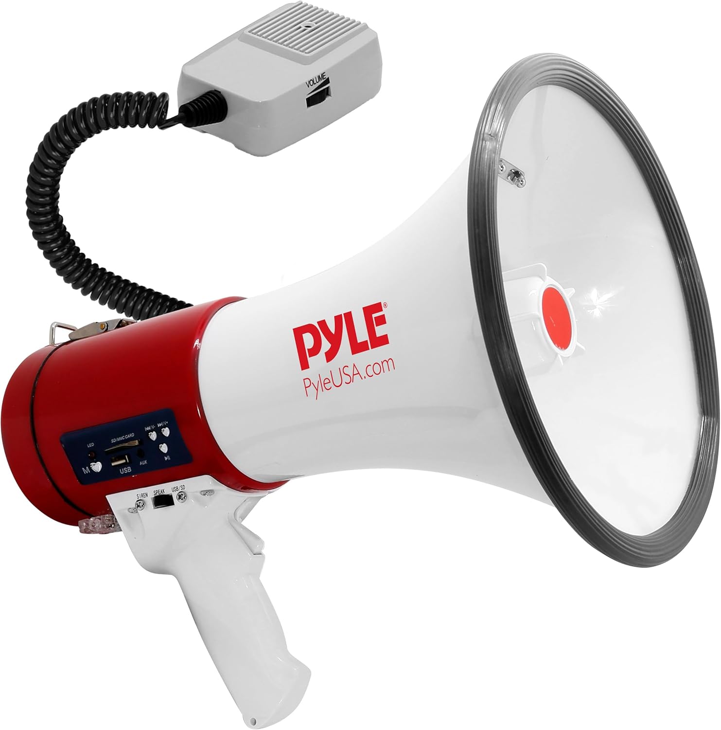 Pyle Megaphone 50-Watt Siren Bullhorn - Bullhorn Speaker w/ Detachable Microphone, Portable Lightweight Strap & Rechargeable Battery - Professional Outdoor Voice for Police & Cheerleading - PMP57LIA
