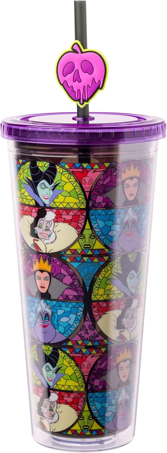 Silver Buffalo Disney Villains Featuring Cruella de Vil, Maleficent, Ursula, and the Evil Queen Glitter Plastic Cold Cup with Lid and Straw Topper, 24 Ounces