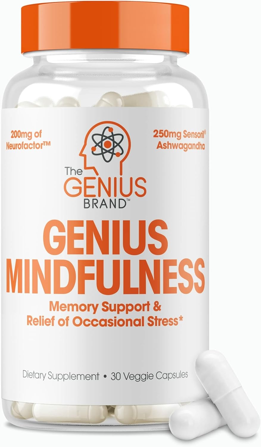 The Genius Brand Genius Mindfulness - Brain Health Supplement - Supports Healthy Mindsets - Calm, Energy, Memory & Focus Support - Ashwagandha, NeuroFactor & More - 30 Veggie Pills