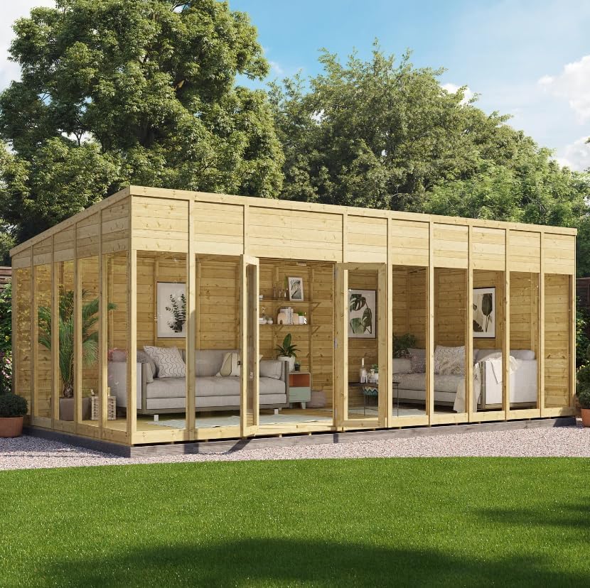 BillyOh Switch 20x10 Pent Log Cabin Summer House, Pressure-Treated Wooden Garden Shed with Floor-to-Ceiling Windows, Double Doors & Pent Roof, 11mm Tongue & Groove Garden Room, Outdoor Office & Studio