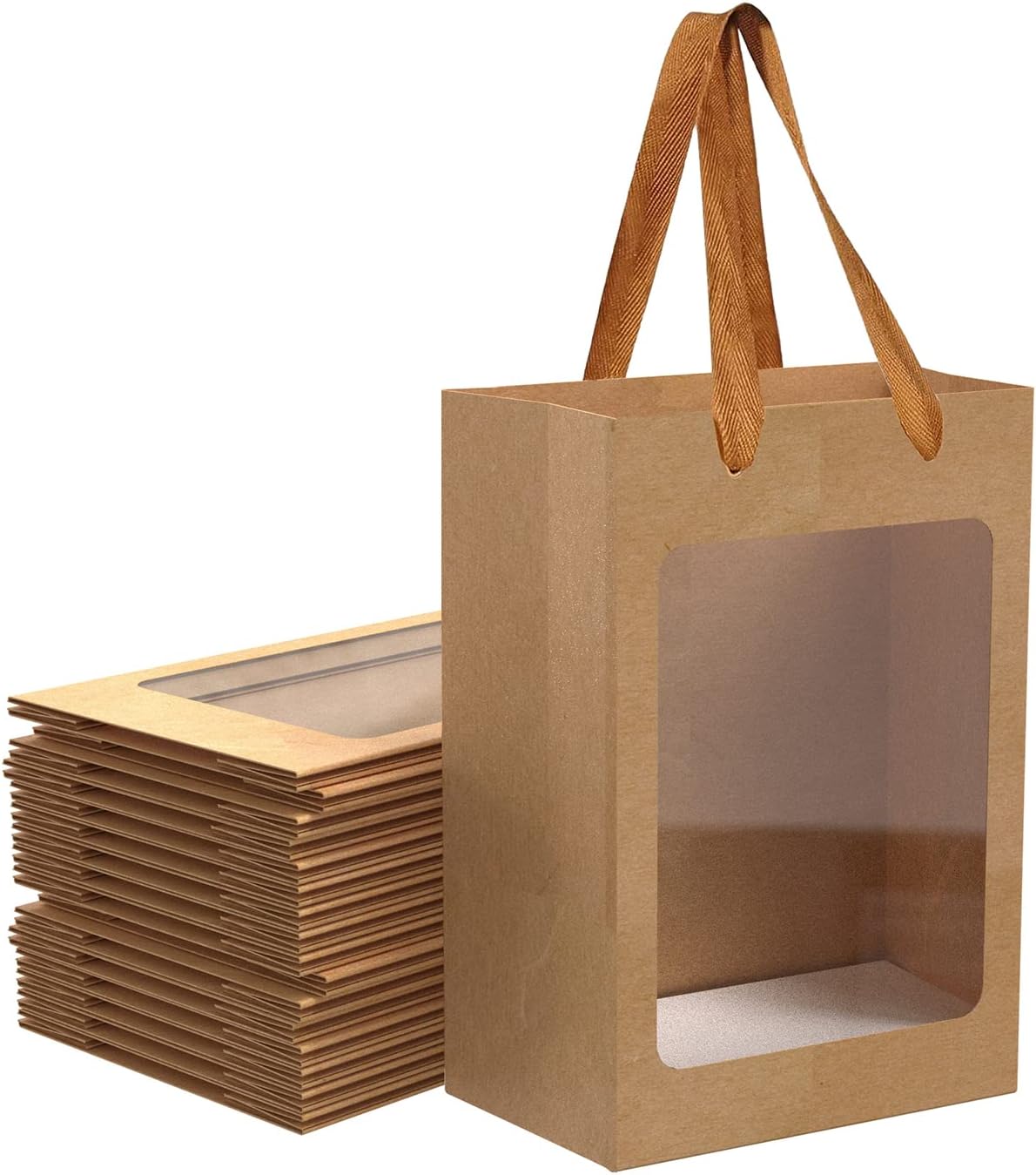12 Pcs Brown Paper Gift Bags with Transparent Window, 9.84"x7.0"x5.12" Kraft Shopping Bags with Handles for Bouquet Christmas Birthdays Festivals Party Weddings Wrapping