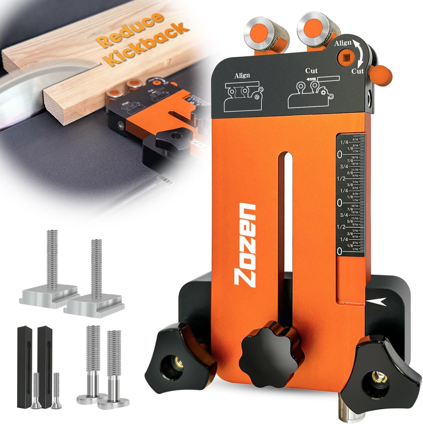Thin Rip Jig + Feather Boards for Table Saw Jig Guide, Zozen 2in1 Woodworking Tools, Make Repetitive Strip Cut While Powerful Reducing Kickback, Directly Data without Calculation, for 3/4"X3/8"T Slots