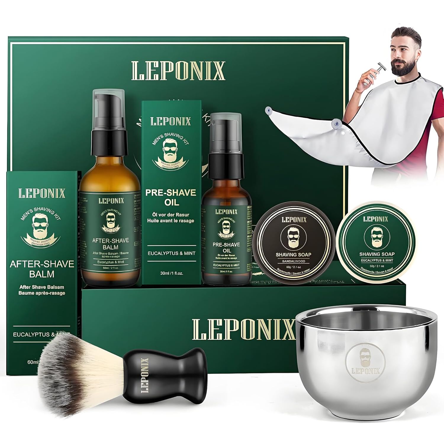 Shaving Kit for Men, Including Eucalyptus & Mint Pre-Shave Oil, After Shave Balm, 2 Packs Shaving Soap, Shaving Brush and Bowl, Beard Bib, Unique Gift for Men Stocking Stuffers