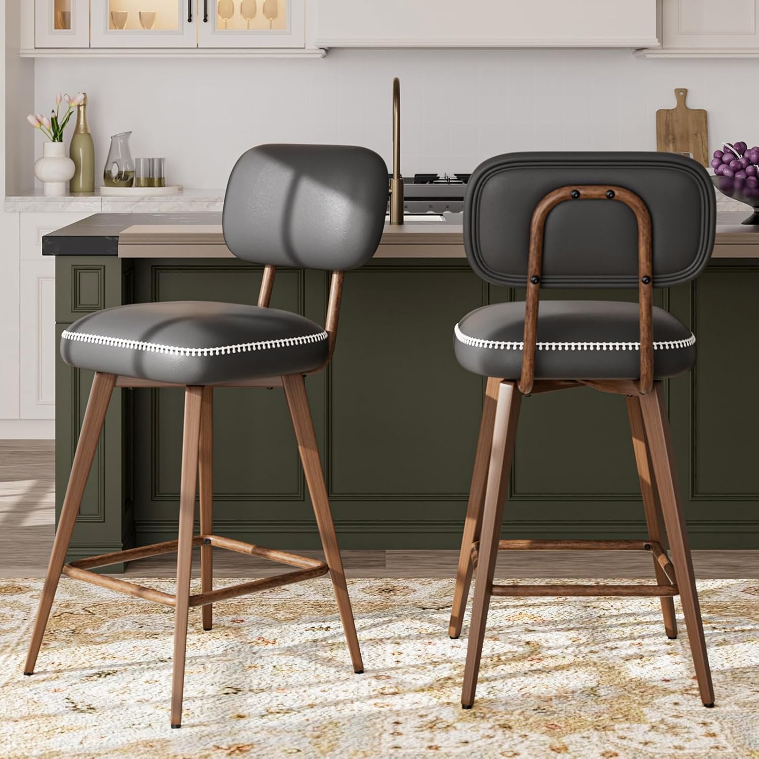 26“ Swivel Bar Stools Set of 2, Mid Century PU Leather Counter Height Bar Chairs with Low Back and Metal Legs, Modern Bar Stool Chair for Kitchen Island, Black