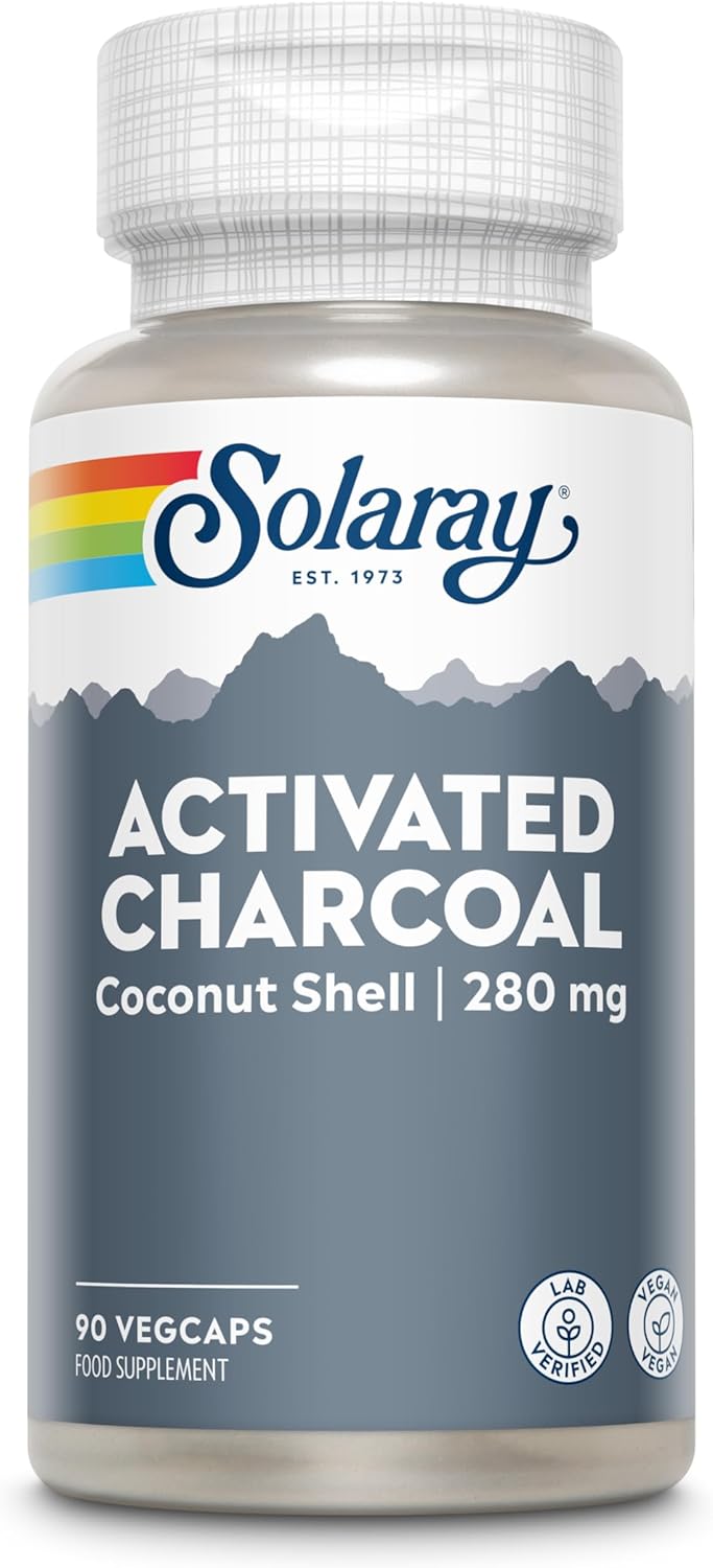 Activated Charcoal - 90 Vegan Capsules not Tablets or Pills - 3 Month Supply - High Strength Supplement from Natural Coconut Shell - Digestion Supplement for Gut - Lab Verified - Solaray