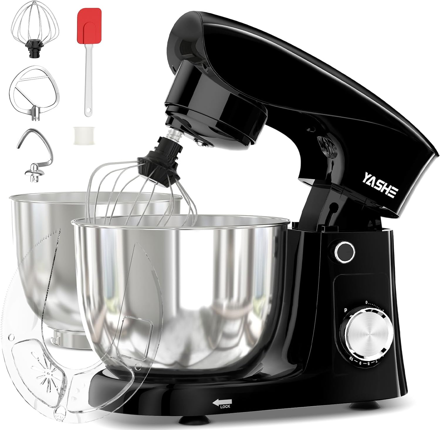 YASHE Stand Mixer, 4.5+5L Two Stainless Steel Bowls, 10+P Speed 1500W Tilt-Head Food Mixer with Dough Hook,Beater & Whisk, Dishwasher Safe