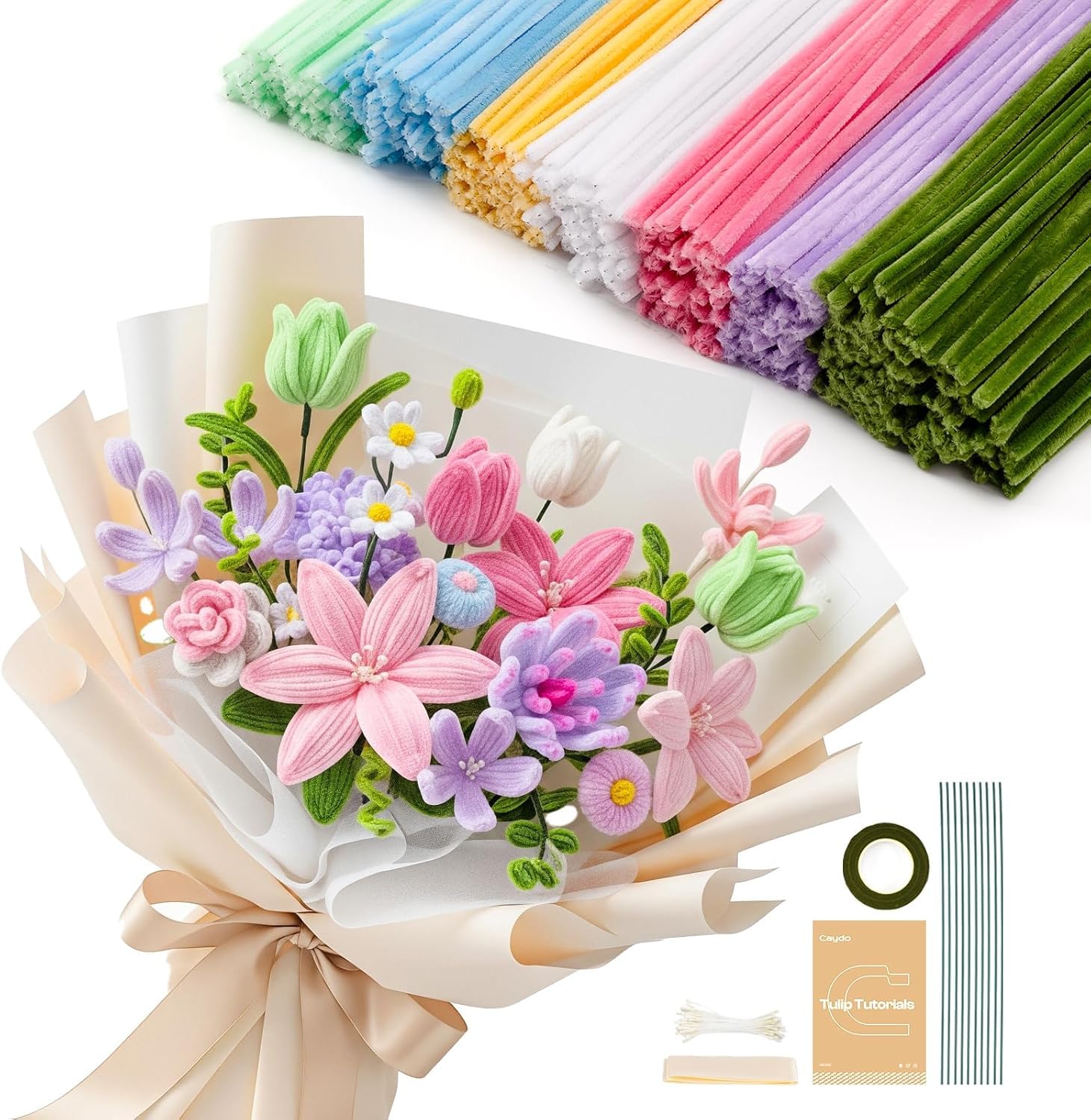 Caydo 500 Pieces Pipe Cleaners Flower Kit, 7 Colors Chenille Stems Bulk for Flowers Making, Macaron Pastel Pipe Cleaner for Art Projects and Valentine's Day Decorations
