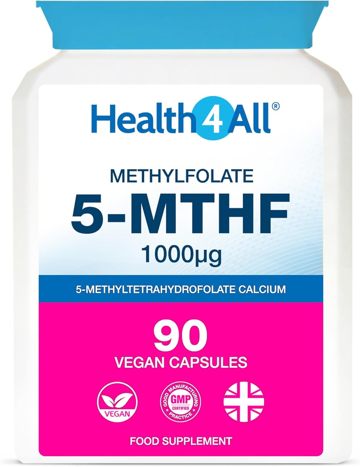 Health4All 5-MTHF Methylfolate 1000mcg 90 Capsules 3 Months Supply, Active Form of Folic Acid (Vitamin B9), Prenatal Folate with Magnesium for Optimal Absorption, Overcomes MTHFR | Made in UK