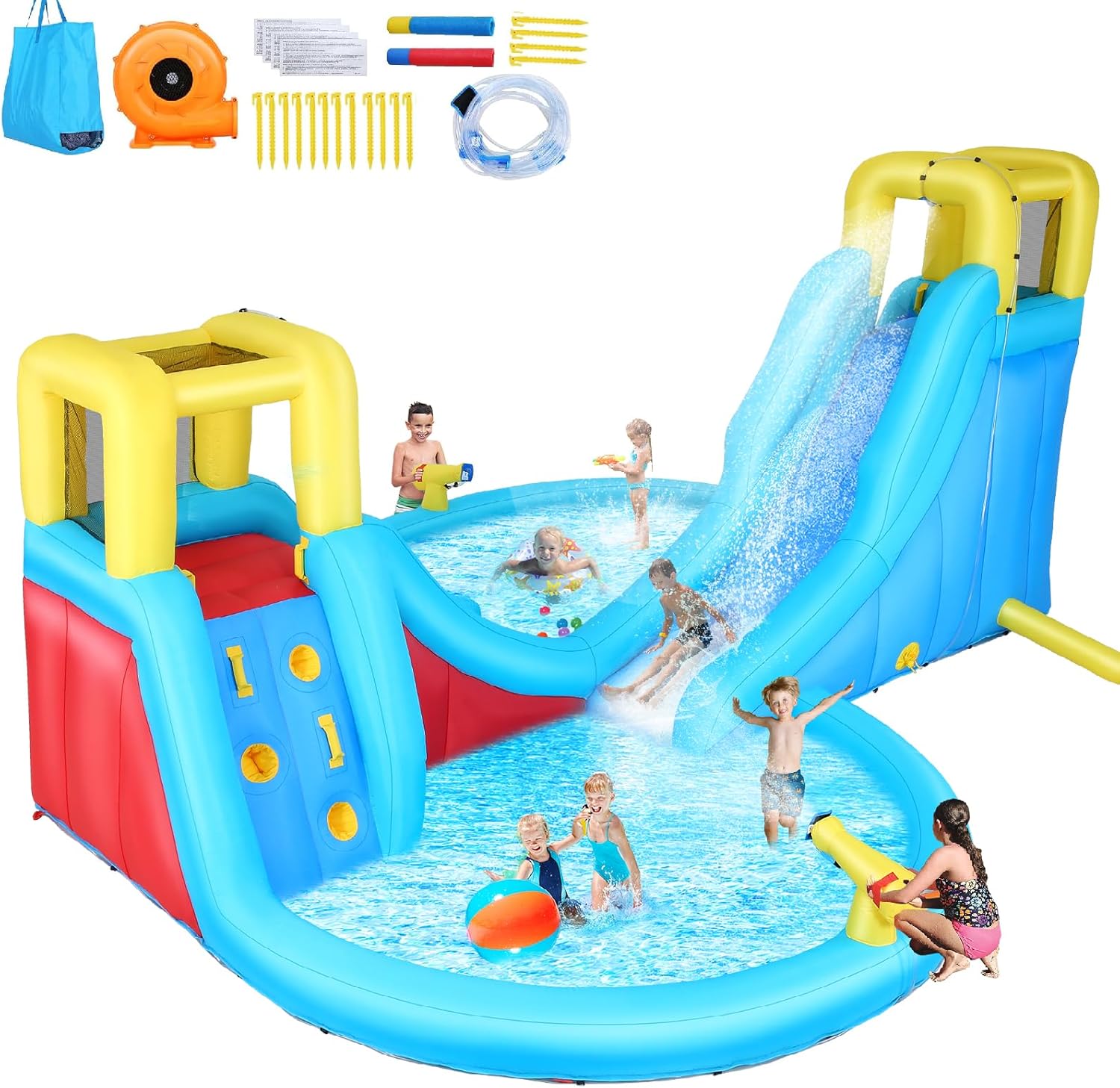 Big Inflatable Water Slides Park, AKEYDIY Inflatable Play Center Kiddie Slide with Pool, Heavy-Duty for Backyard Fun, Climbing Wall, 2 Slides, 2 Splash Pool – Easy to Set Up & Inflate with Air Pump