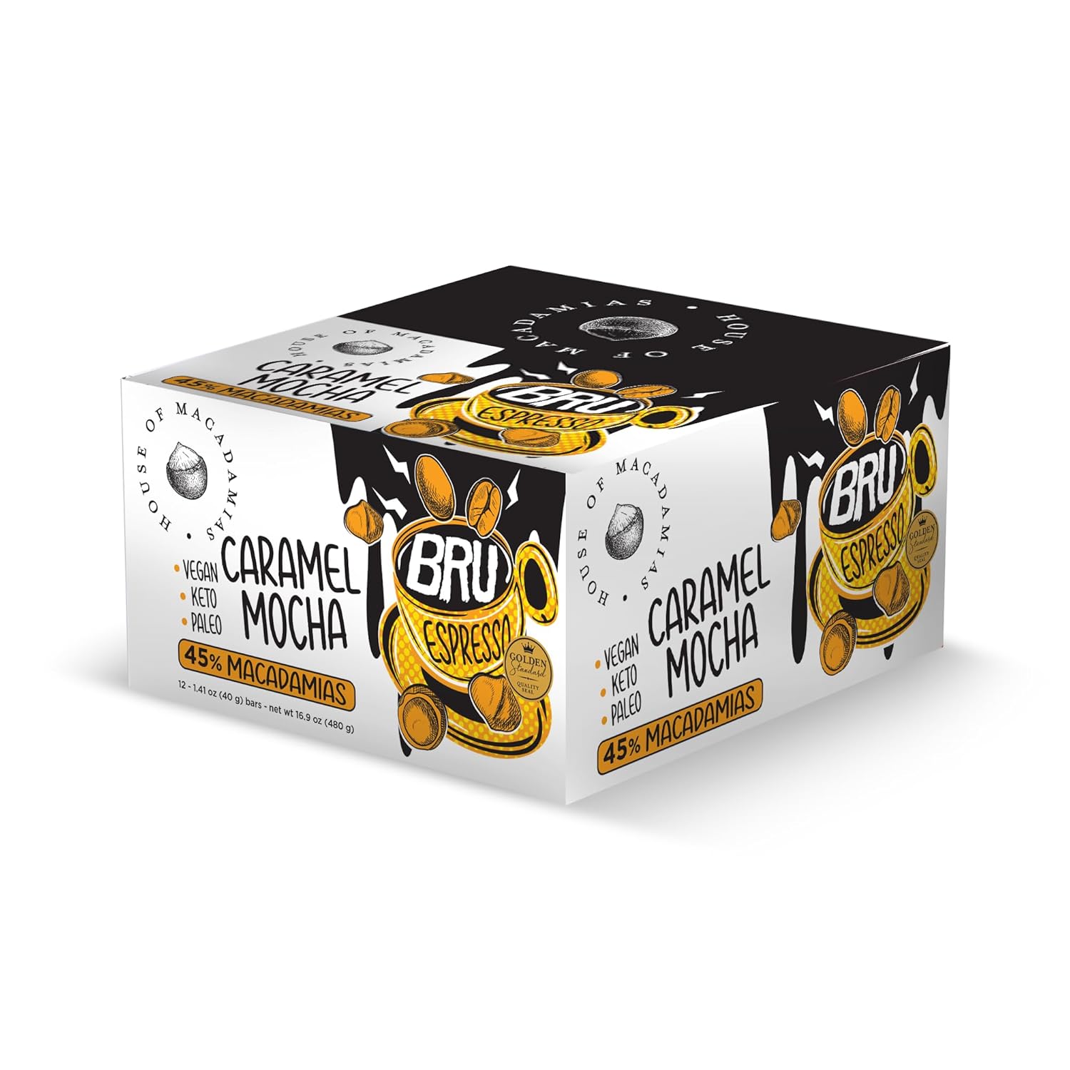 House of Macadamias BRU Bar, 50 mg Caffeine per bar, Espresso, Sugar Free, Caramel Mocha, Plant Based, Keto, Low Carb, Vegan, Paleo, Dairy free, Gluten-free, 12 x 1.4oz