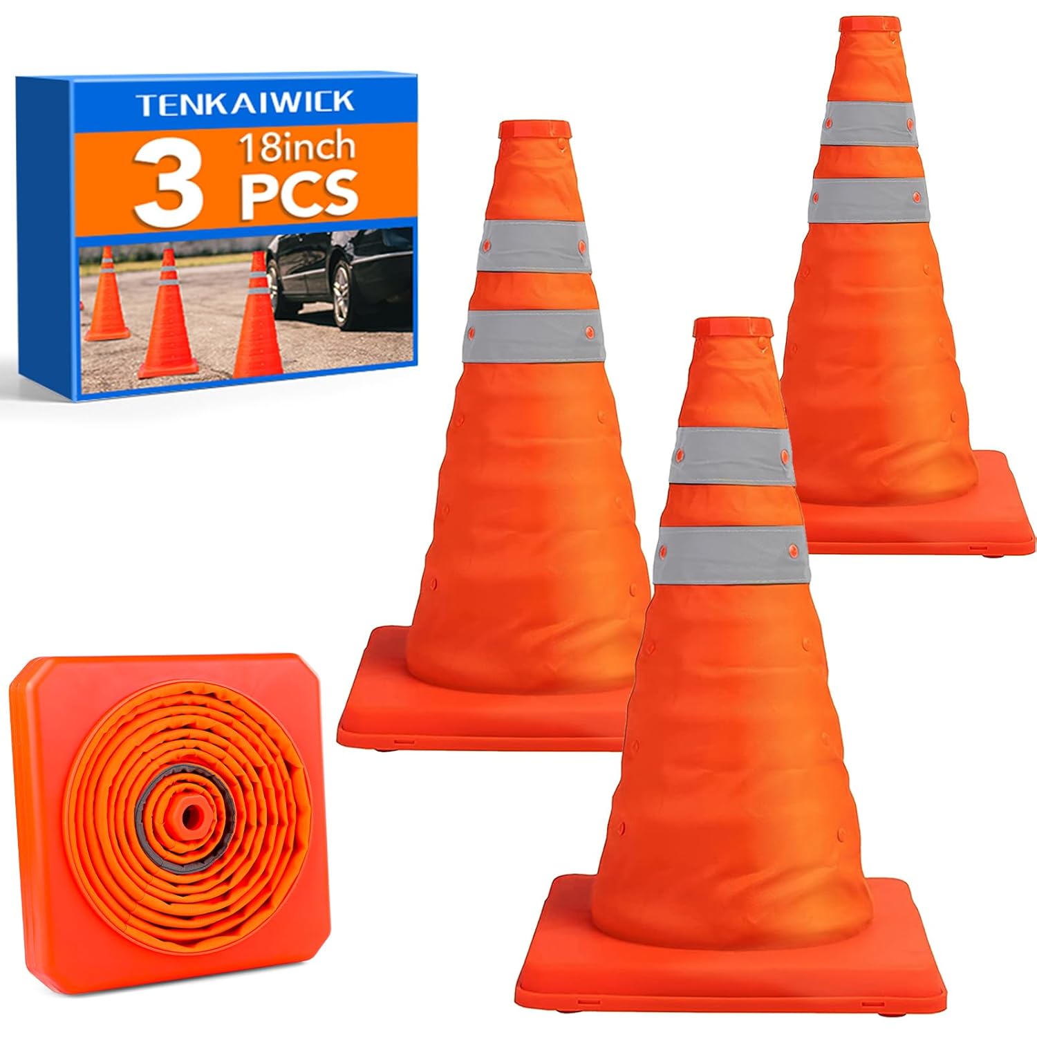 [3 Pack]18 Inch Collapsible Traffic Safety Cones - Parking Cones with Reflective Collars, Orange Safety Cones for Parking lot, Driveway, Driving Training etc