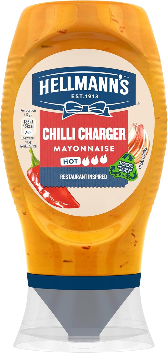 Hellmann's Chilli Charger Mayonnaise Condiment 100% recyclable squeeze bottle spicy mayo for burgers, sandwiches and chips 250 ml