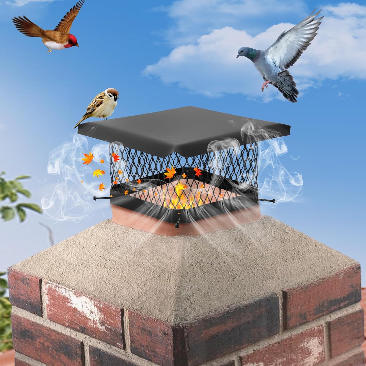 Chimney Cap Stainless Steel (13" x 13")，Single Bolt Chimney Fireplace Cover，Chimney Flue Cover to Fit On Existing Flue Tiles，With Netting and Cover Panels for Protection from Birds, Debris, Rain
