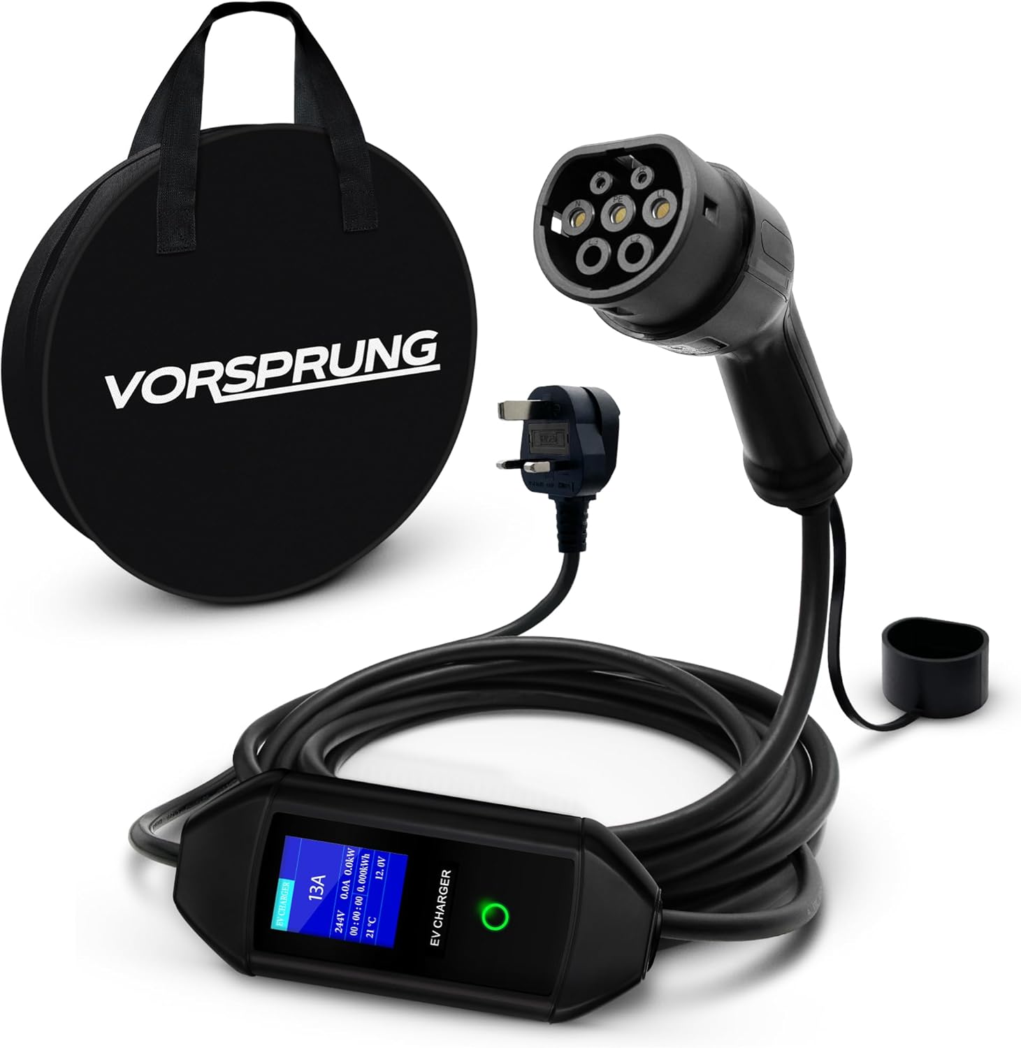 VORSPRUNG® Portable EV Charger Type 2 with 8 Metre 8M Controllable Digital Screen (UK Plug 3 pin), Electric Vehicle Portable Charging Cable Type 2 (type 2 female), 8/10/13A FREE Carry Case (8M)