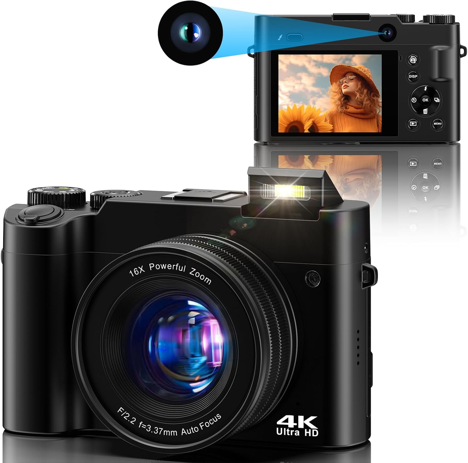 4K Digital Camera, 64MP Dual Cameras for Photography Autofocus Anti-Shake, Video Vlogging Camera for YouTube, Compact Travel Cameras with 32GB SD Card, 16X Digital Zoom, Flashlight, 2 Battery+Charger