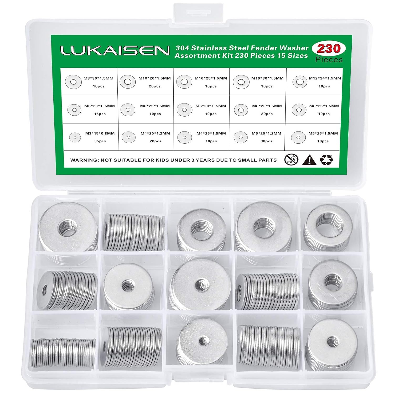 230 Pcs Large Flat Washer Set, 304 Stainless Steel Flat Penny Washers Assortment Kit, 15 Sizes M3/M4/M5/M6/M8/M10/M12 Repair Fender Washer Plain Round Chrome Washers for Screws