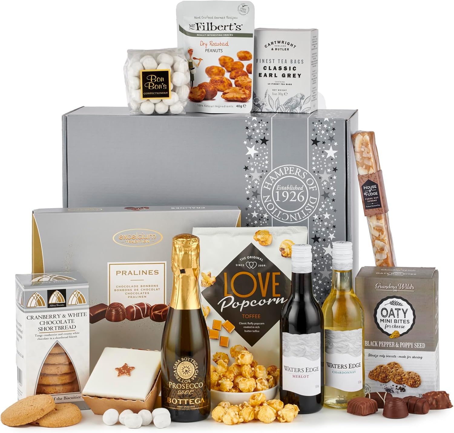 Thornton & France Silver Indulgence Birthday Hamper | With Prosecco White Wine & Red Wine | Plus A Range Of Sweet & Savoury Treats | Hamper Gift For Sharing | 12 Luxury Items