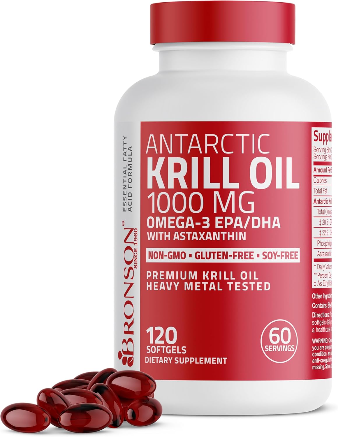 Bronson Antarctic Krill Oil 1000 mg with Omega-3s EPA, DHA, Astaxanthin and Phospholipids 120 Softgels