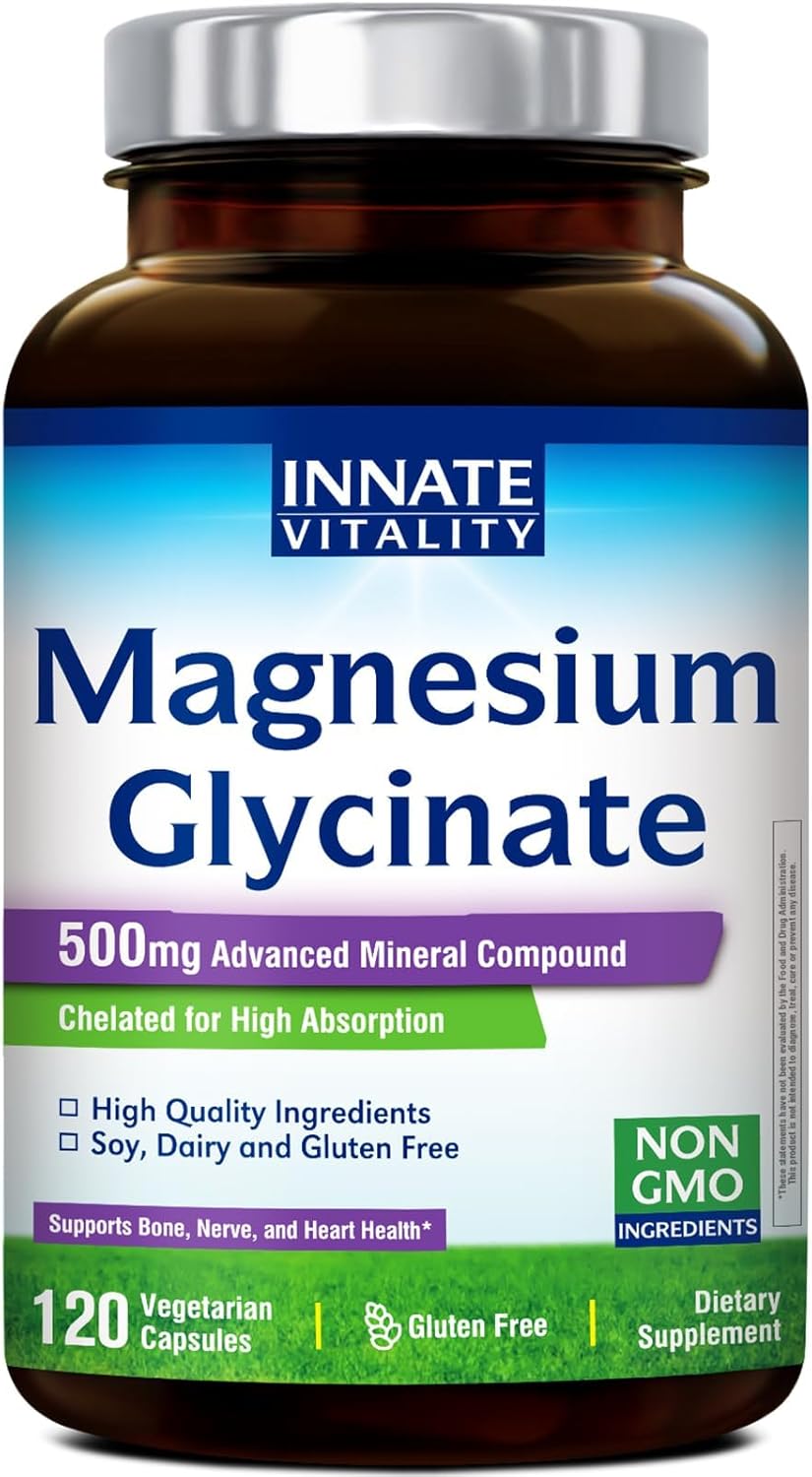 Innate Vitality Magnesium Glycinate 500mg | 70mg Elemental Magnesium Supplement - High Absorption, Non Buffered, Non-GMO & No Gluten - Vegan - Nerve Health - 120 Capsules (Pack of 1)