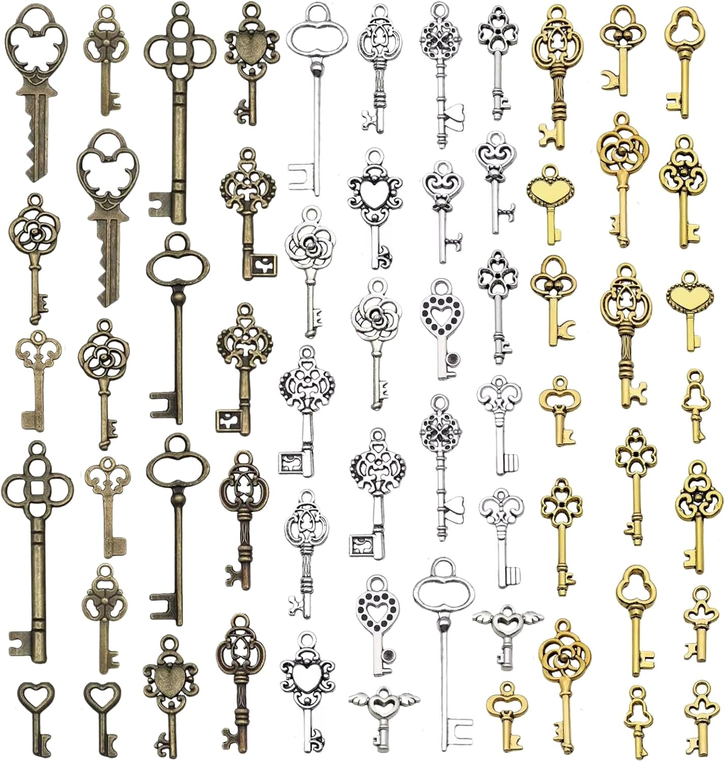 LUFFLOK 62 PCS Vintage Keys Charms, Charms for Crafting Making, Skeleton Key, Mixed Smooth Charms for DIY Crafting Party Room Decor,Silver & Gold