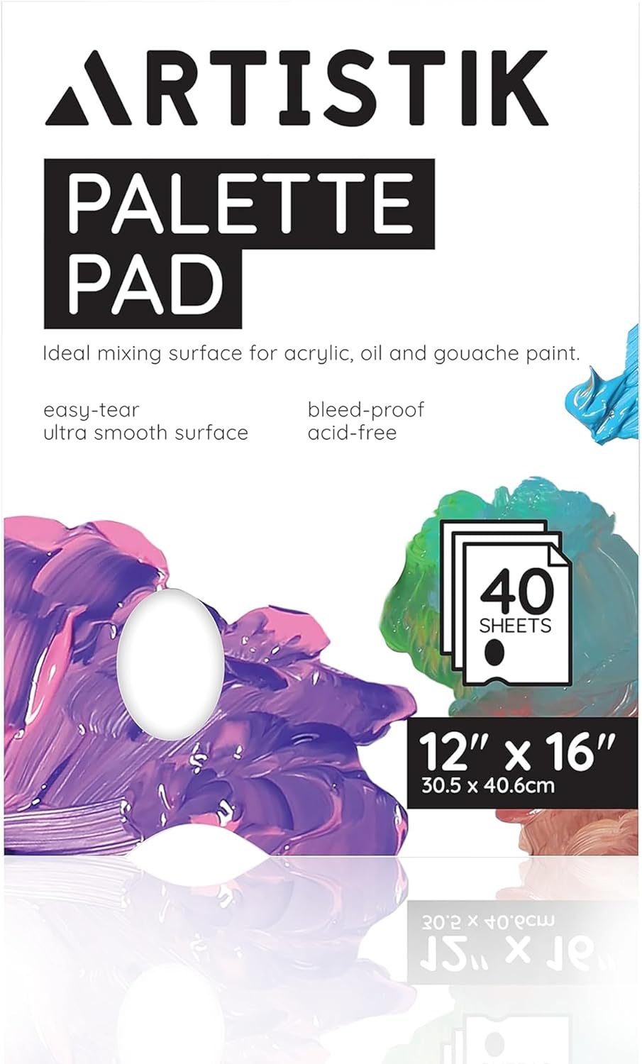 Artistik Tear-Off Disposable Palette Paper Paint Pad | 12"x16" / 30x40cm, 40 Sheets | Bleed-Proof Acrylic Paint Paper for Watercolor & Gouache Mixing