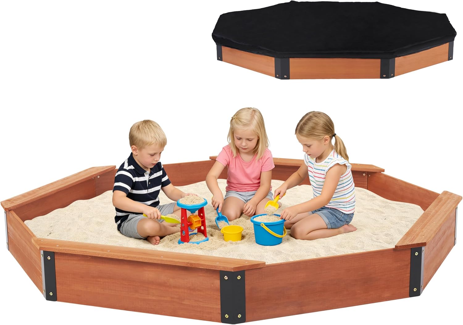 85''x78''x9'' Wooden Octagon Sandbox with Cover, Large Sandpit for Kids Outdoor Patio Backyard Play, Easy & Quick Assemble