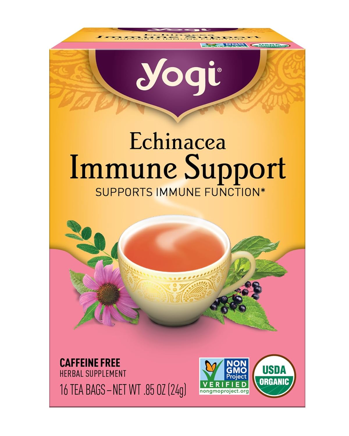 Yogi Echinacea Immune Support Organic Tea, Caffeine-Free, Vegan Friendly, Kosher, USDA Certified Organic, Non-GMO, 16 Tea Bags