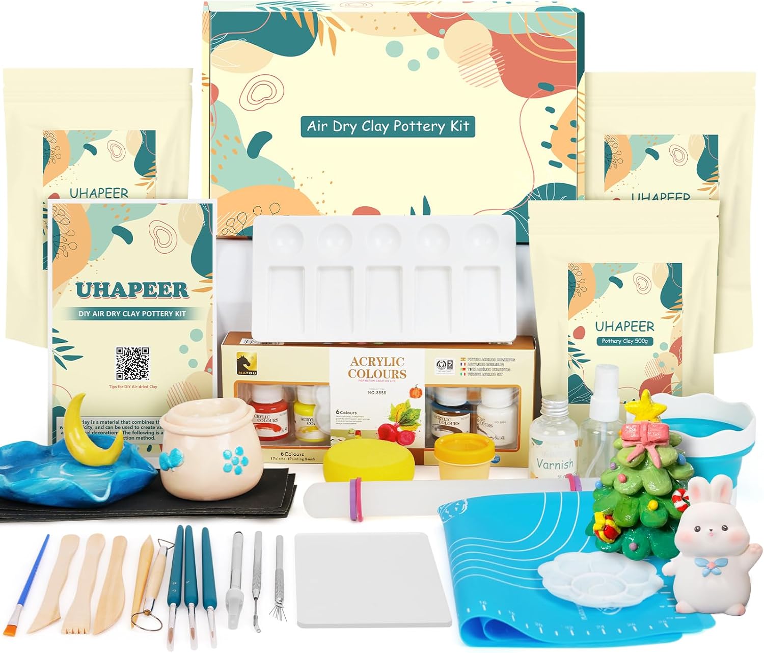 UHAPEER Pottery Kit Air Dry Clay for Adults - DIY Pottery Painting Kit for Beginners with 6 Acrylic Paints, Varnish, Tool Set, Paintbrushes, Sponge, Clay Stick, Step-by-Step Guide, for Holiday Gifts