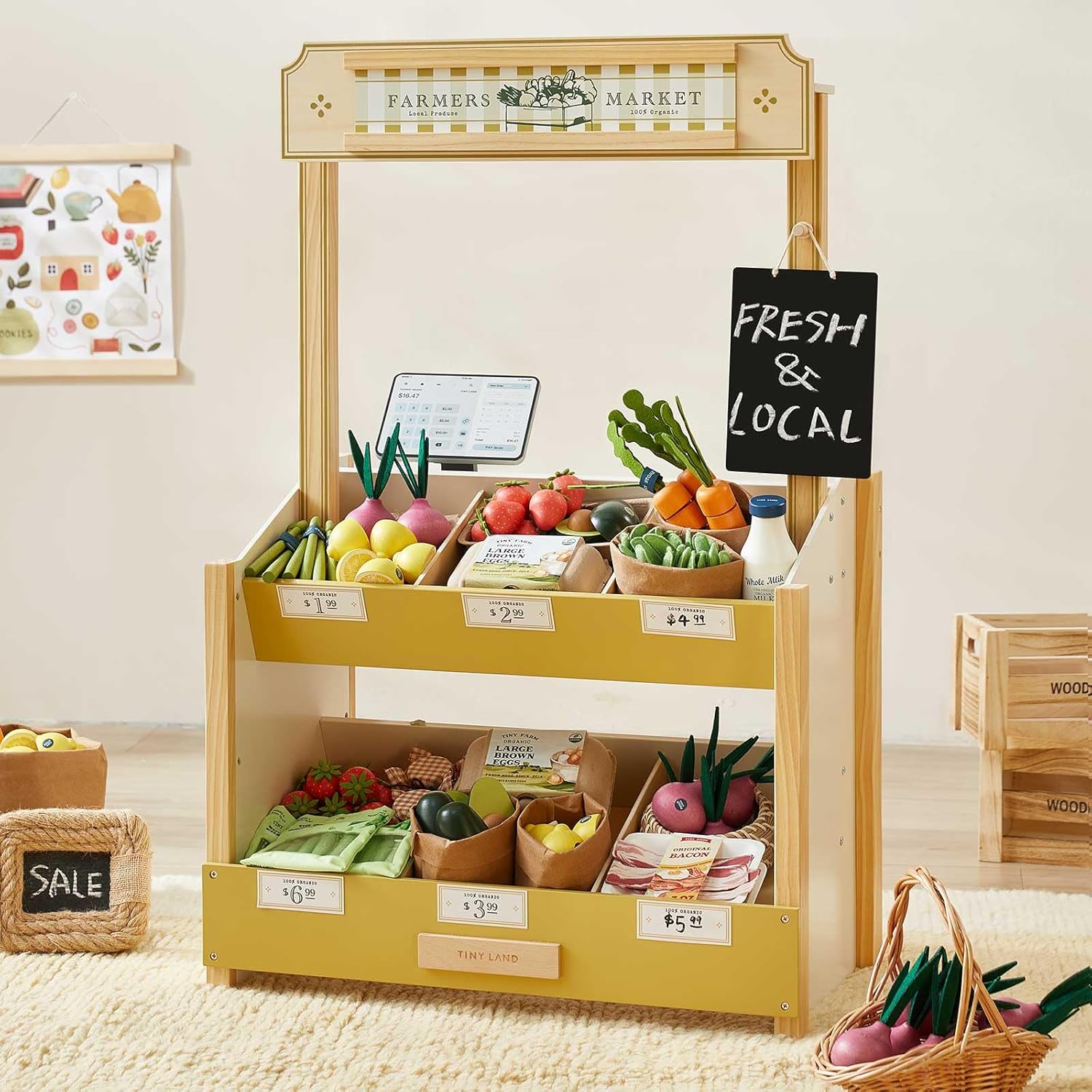 Tiny Land Wooden Play Store – Pretend Farmers Market & Coffee Shop with Cash Register, DIY Price Tags, Chalkboard, Pretend Grocery Store Role Play Toy for Toddlers
