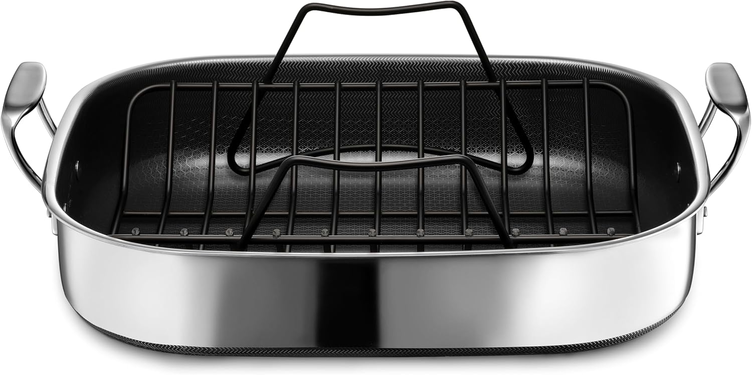 HexClad Hybrid Nonstick Large Roasting Pan with Rack, Dishwasher and Large Oven Friendly, Compatible with All Cooktops